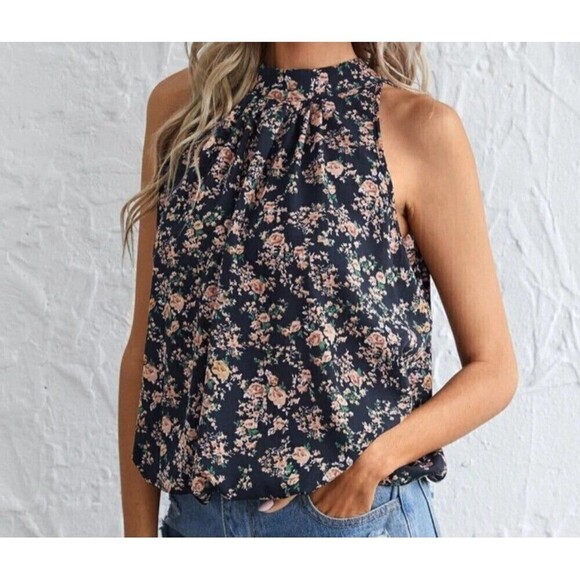 Sleeveless Floral Print Keyhole Back Halter Neck Blouse Large - Picture 1 of 4